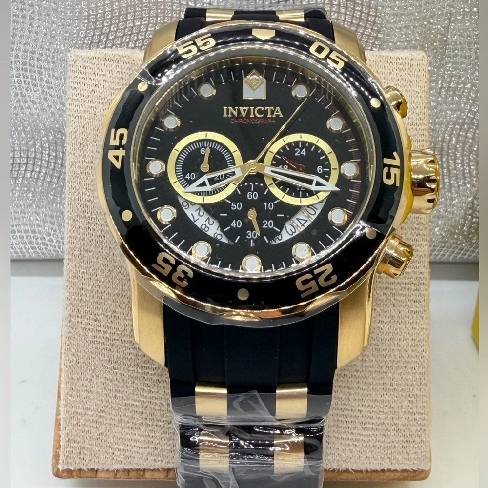 Invicta Gold and Black Pro Diver Chronograph Watch #6981 with Heavy  Black Case